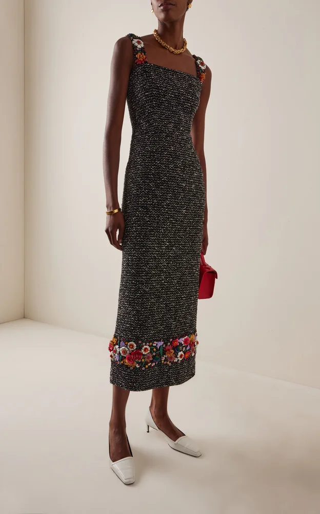 Embroidered Textured Tweed Ankle-Length Dress