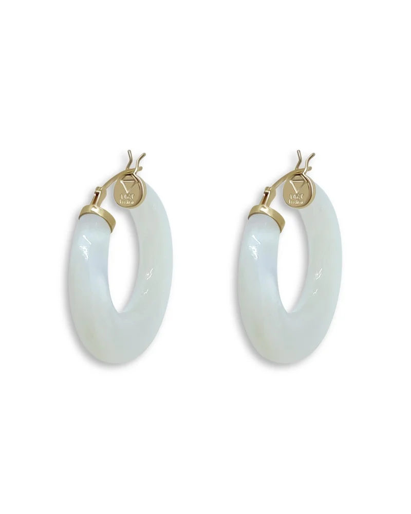 14K Yellow Gold White Mother of Pearl Inlay Hoop Earrings - Exclusive