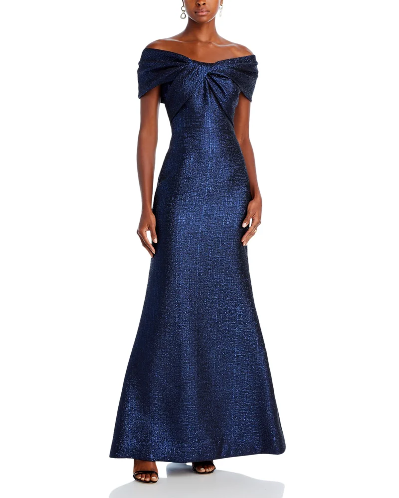 Metallic Jacquard Twist Bodice Off-the-Shoulder Gown