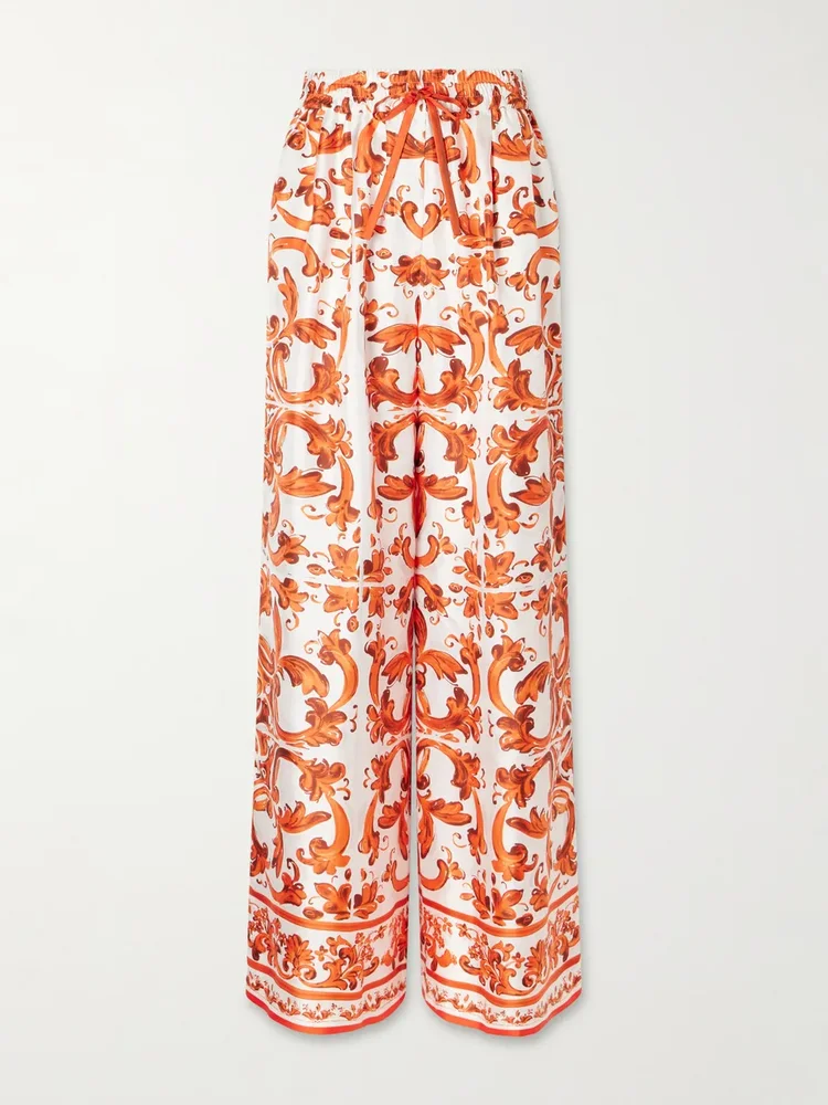 Printed silk-twill wide-leg pants
