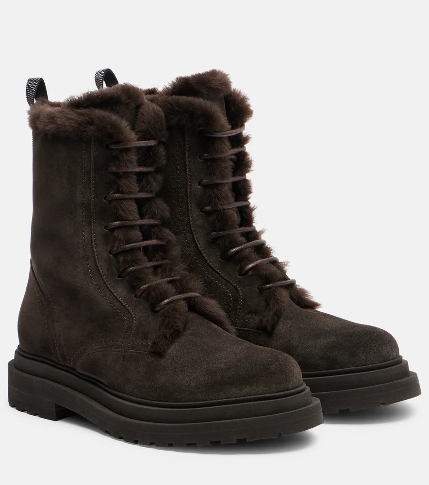 Monili shearling-trimmed suede lace-up boots