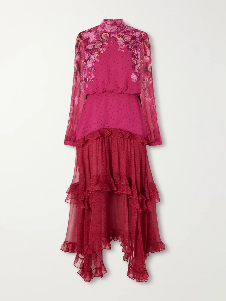 Jolie-C asymmetric tiered floral-print silk-georgette maxi dress