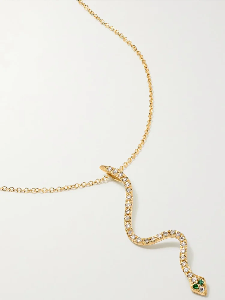 Lucky Snake 18-karat gold, diamond and tsavorite necklace
