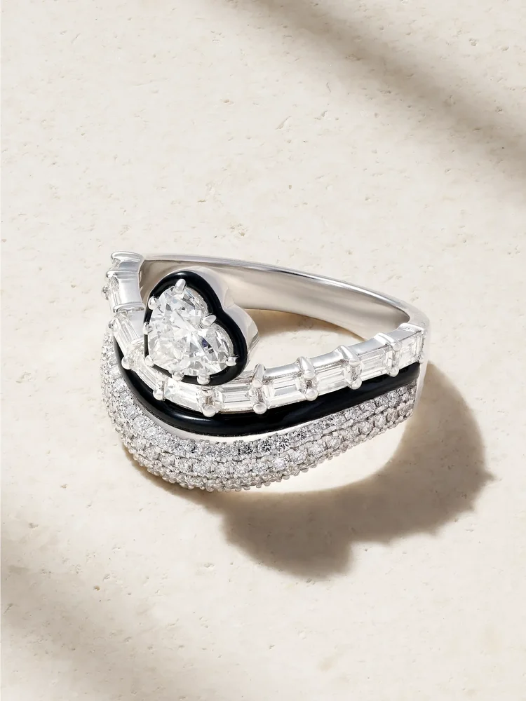 Heart 18-karat white gold, diamond and enamel ring