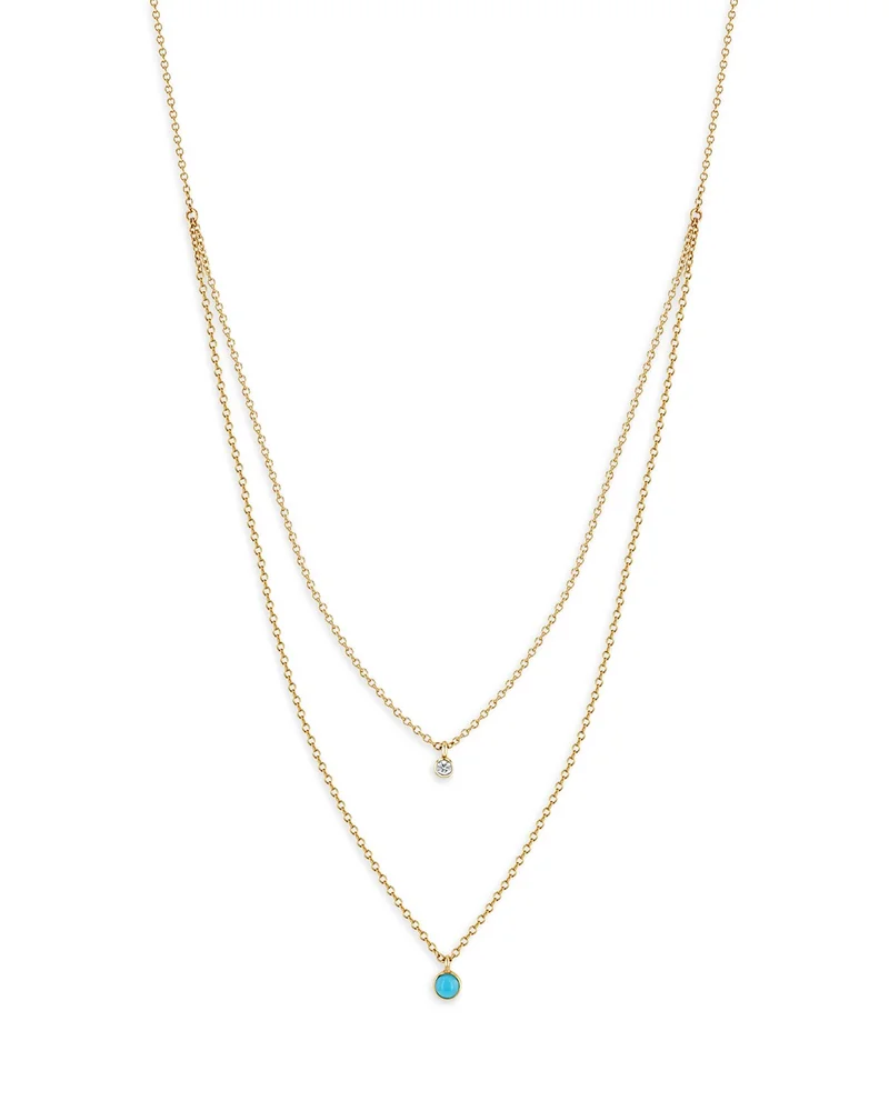 14K Gold Diamond & Turquoise Layered Pendant Necklace, 16"-18"