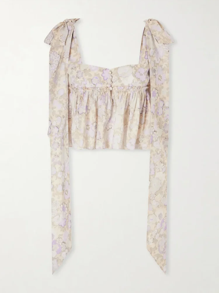 bow detailed ruffled floral print cotton poplin top
