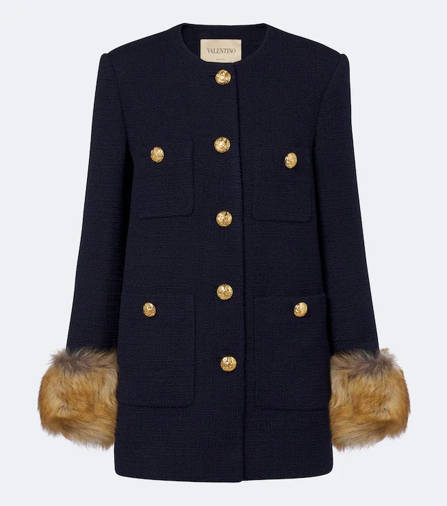 Shearling-trimmed wool-blend tweed jacket