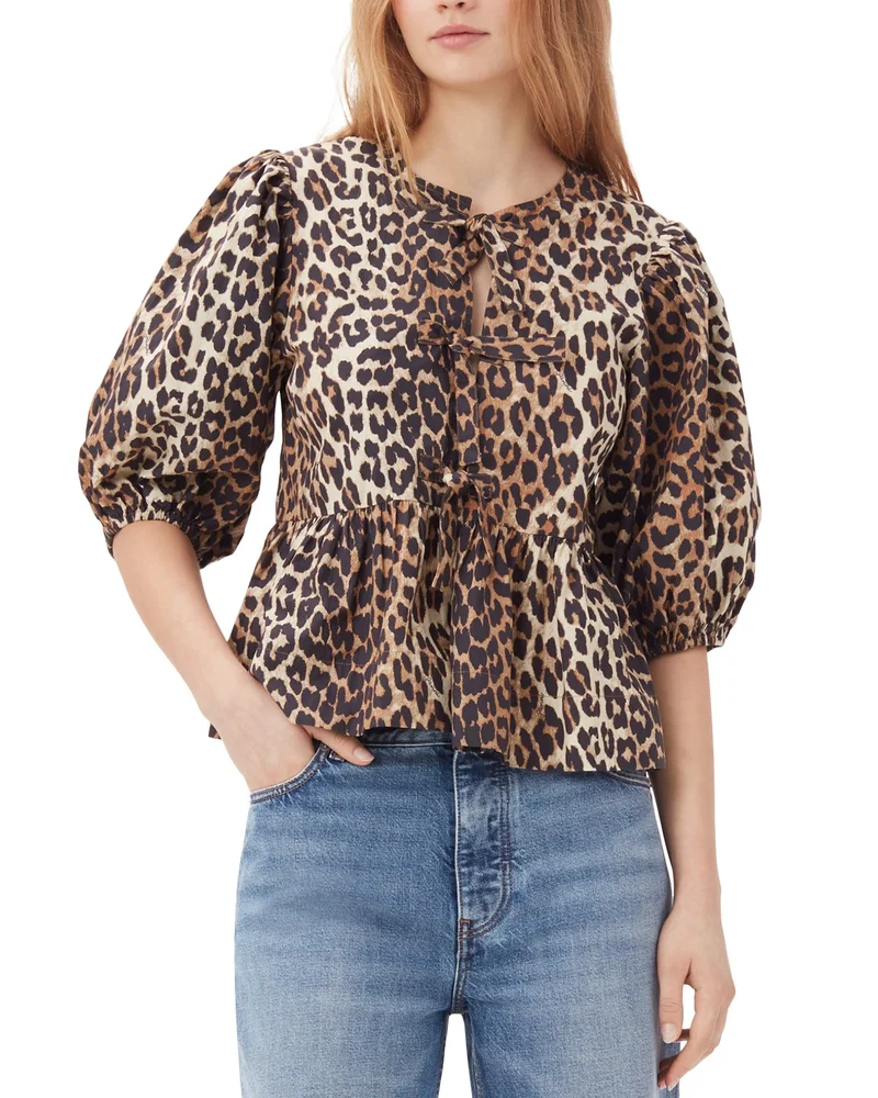 Leopard Tie Front Cotton Peplum Blouse