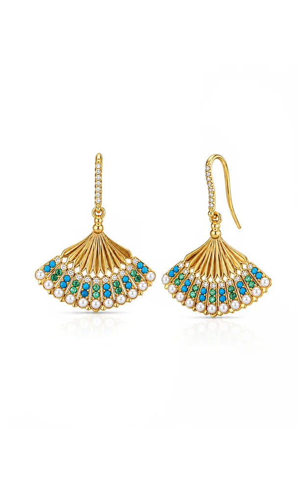 Turquoise, Emerald, and Pearl Fan Earrings