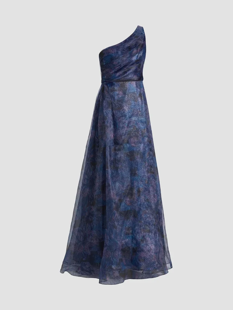 Floral One-Shoulder Organza Gown
