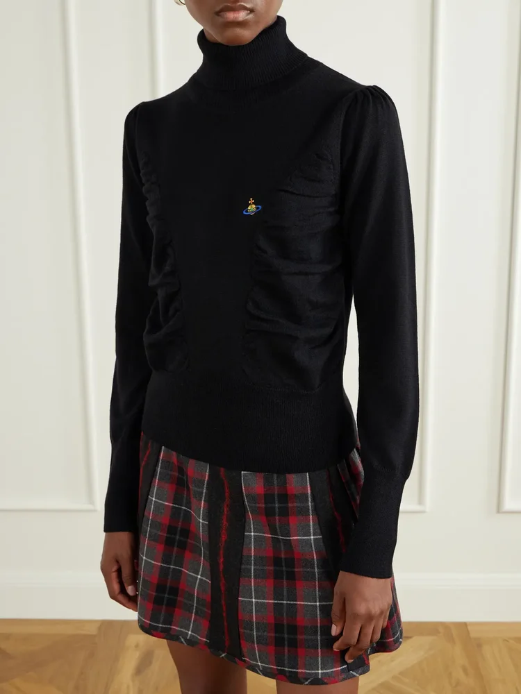 Pamela logo-embroidered gathered wool turtleneck sweater