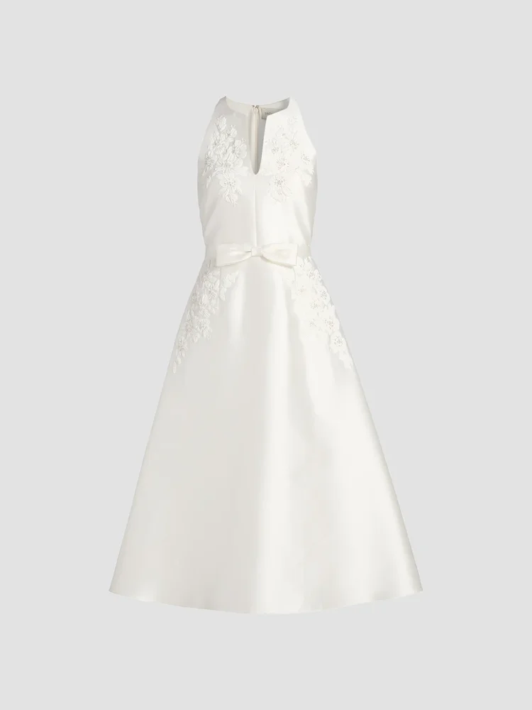 Allison Embroidered Satin Fit & Flare Midi-Dress
