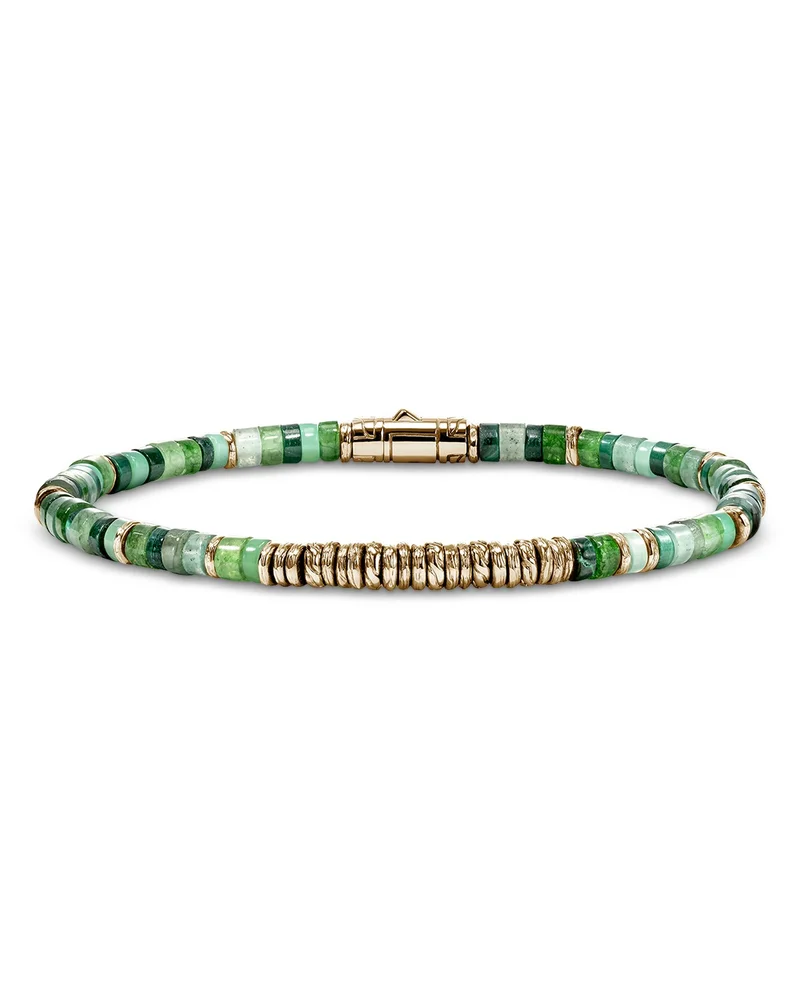 14K Yellow Gold Heishi Multi Green Stone Beaded Bracelet