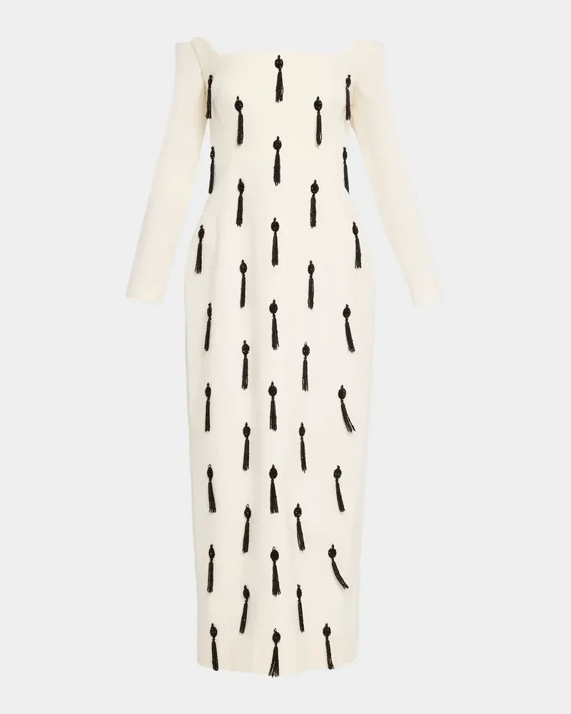 Tassel Embroidered Stretch Cotton Off-The-Shoulder Column Dress