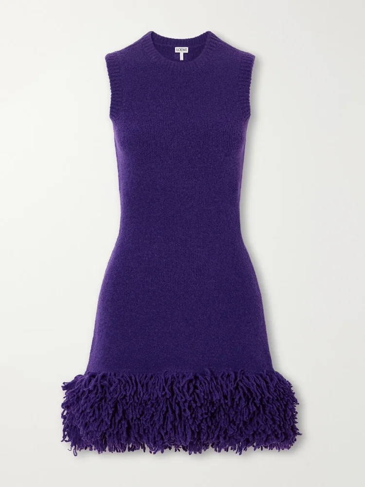 Logo-embroidered fringed wool-blend mini dress