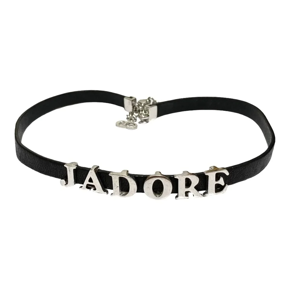 Pre-Owned Leather Choker Necklace Black and Silver