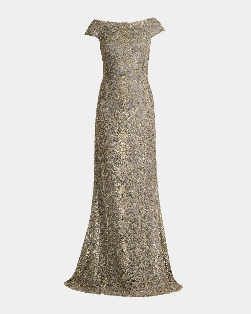 Cap-Sleeve Sequin Lace Column Gown