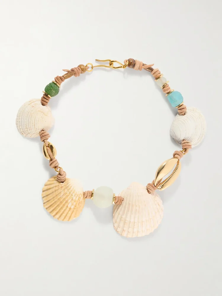 Samsara gold-plated, leather and seashell beaded necklace