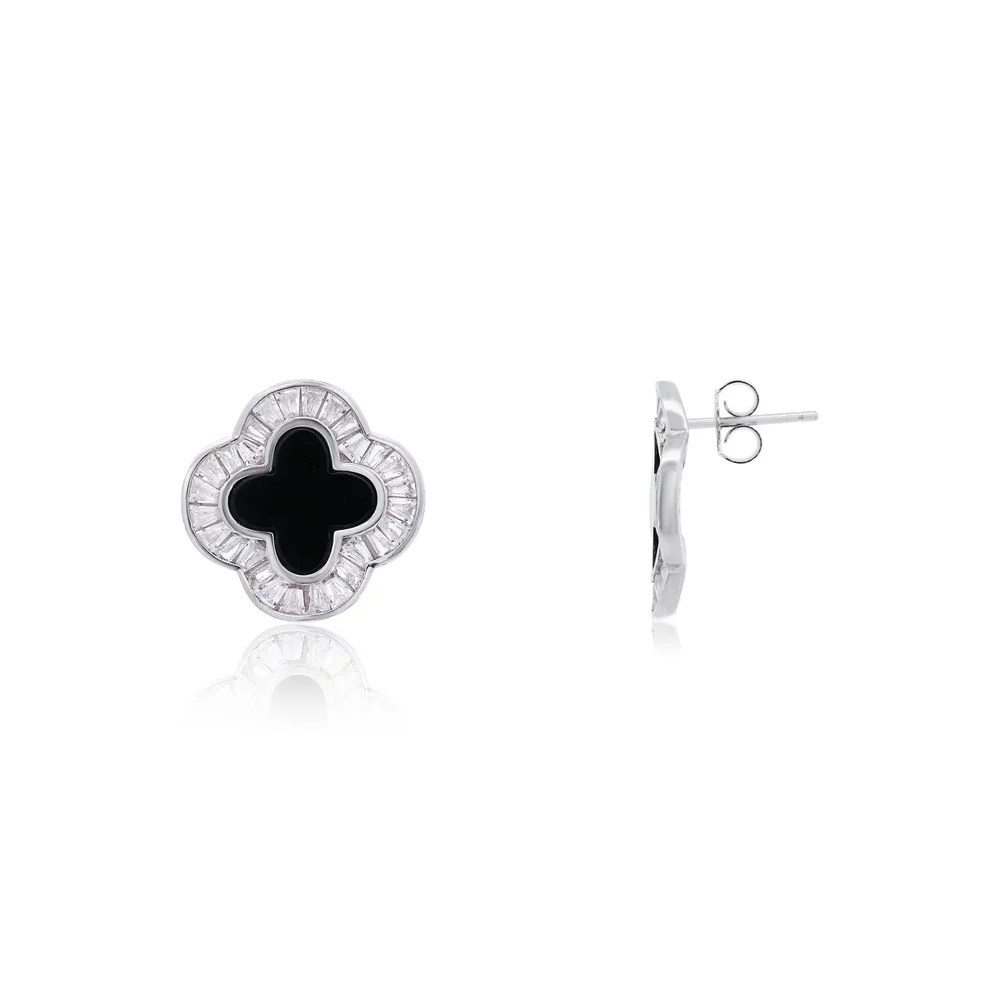 Large Onyx CZ Clover Stud Earrings