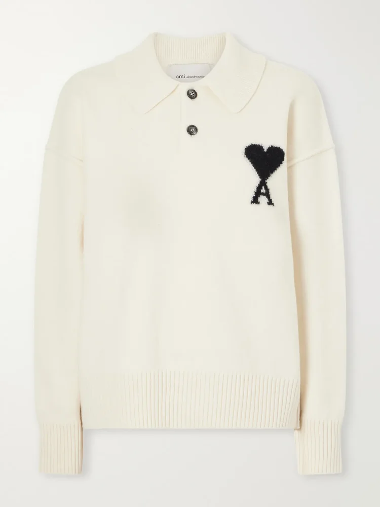 Intarsia wool polo sweater