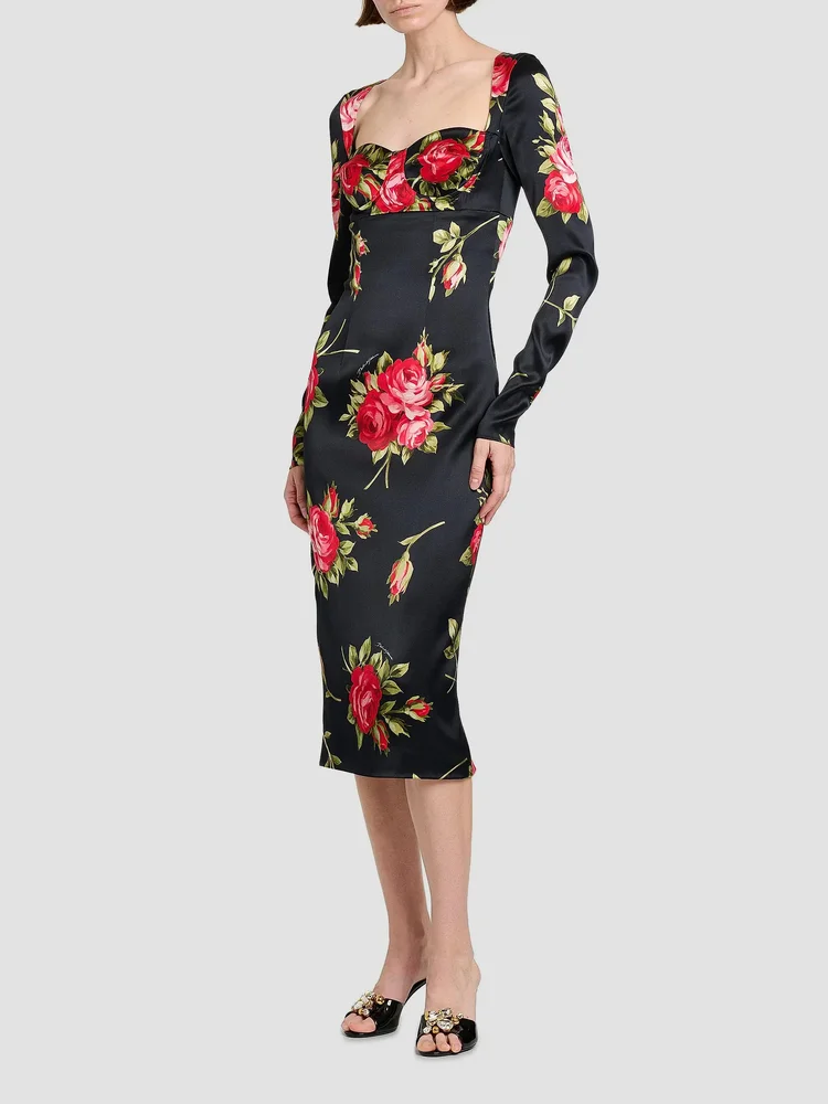 Floral Satin Long-Sleeve Cocktail Dress