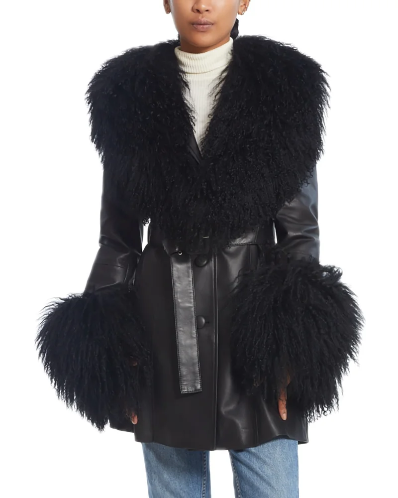 Leather Shearling Trim Belted Jacket