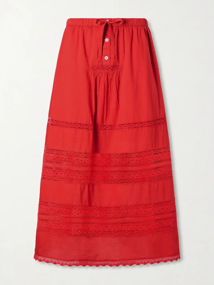 Pippa lace-trimmed cotton midi skirt