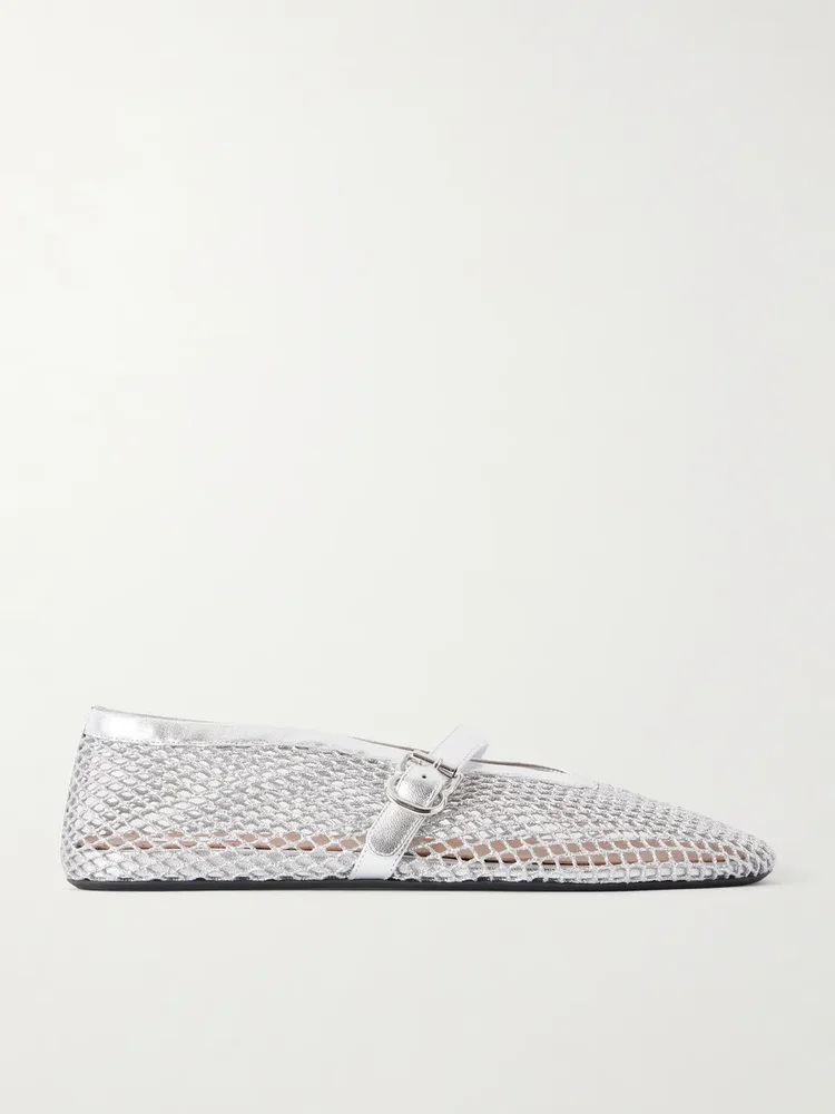 Metallic leather-trimmed mesh ballet flats