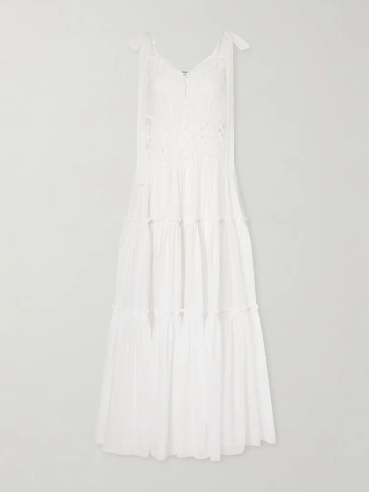 Bow-detailed tiered broderie anglaise cotton maxi dress