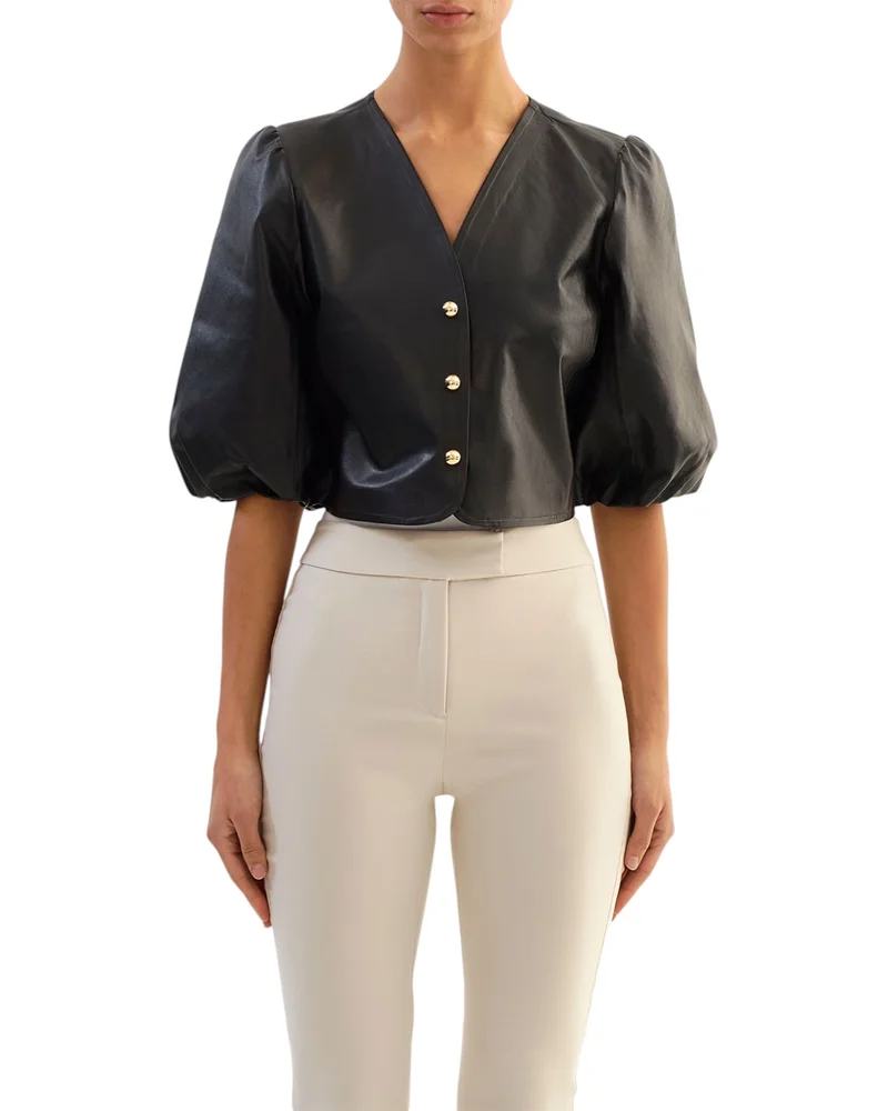 Franka Leather Balloon Sleeve Blouse