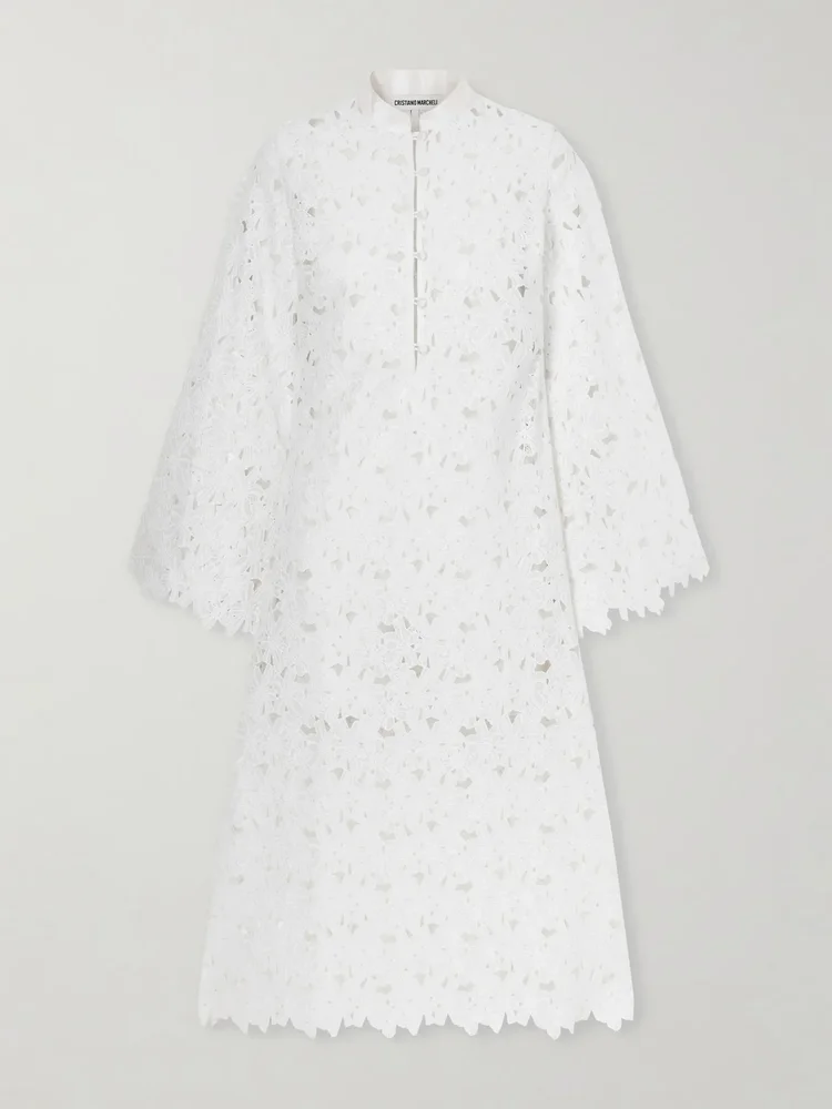 Eleonora floral-embroidered silk-trimmed broderie anglaise kaftan