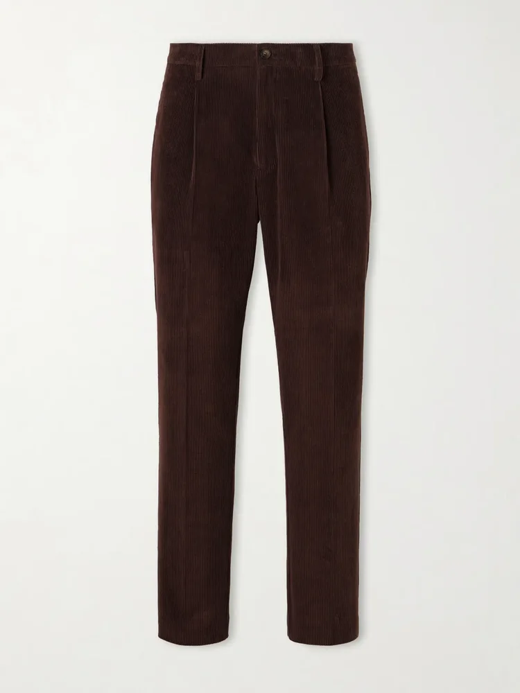 Straight-Leg Pleated Cotton-Corduroy Trousers