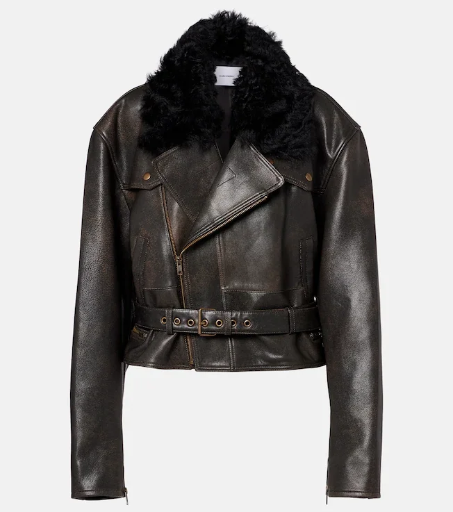 Shearling-trimmed cropped leather biker jacket