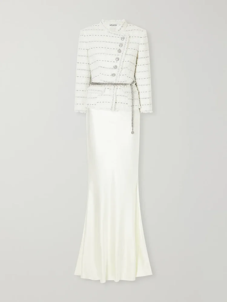 Belted satin and bouclé maxi dress