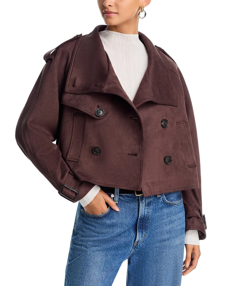 Cropped Faux Suede Trench Coat