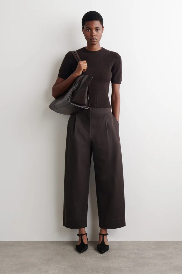 CROPPED COTTON BALLOON PANTS - DARK BROWN