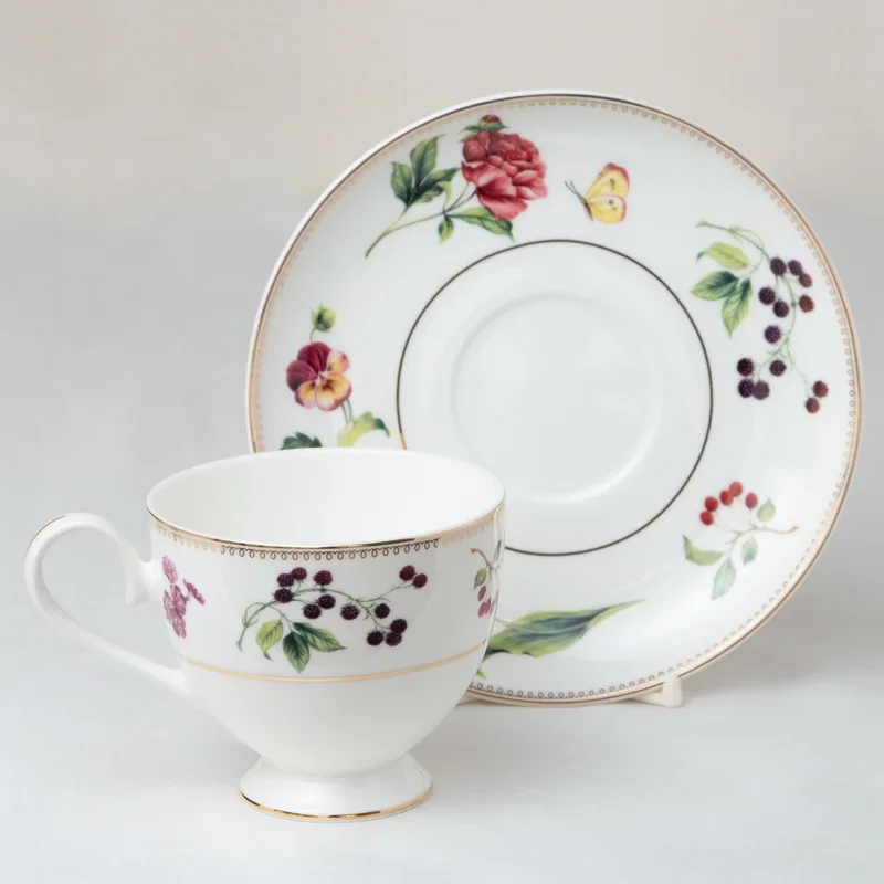 Bone China Botanical Treasure Teacups and Saucers, Set of 4