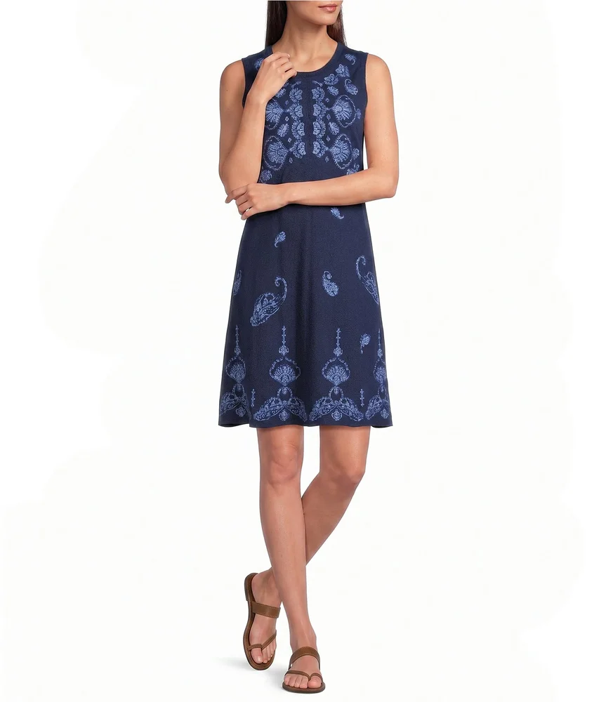 Tonal Embroidered Paisley Medallion Knit Jersey Round Neck Sleeveless Shift Dress