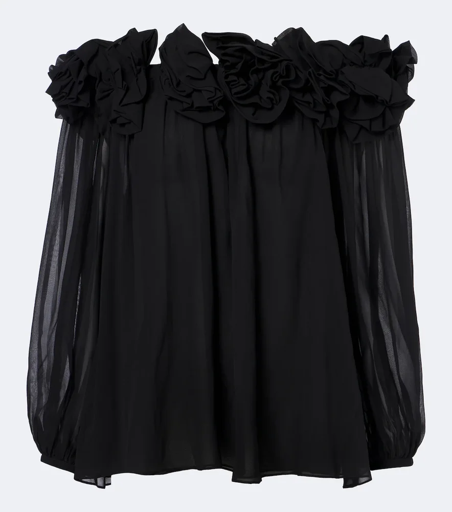Floral-appliqué gathered silk top