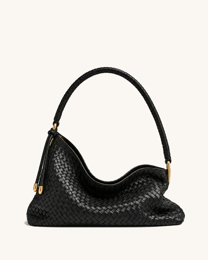 Lorena Asymmetric Slouchy Woven Shoulder Bag - Black