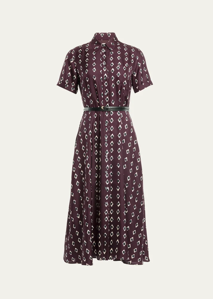 Kiera Diamond-Print Silk Short-Sleeve Midi Shirtdress