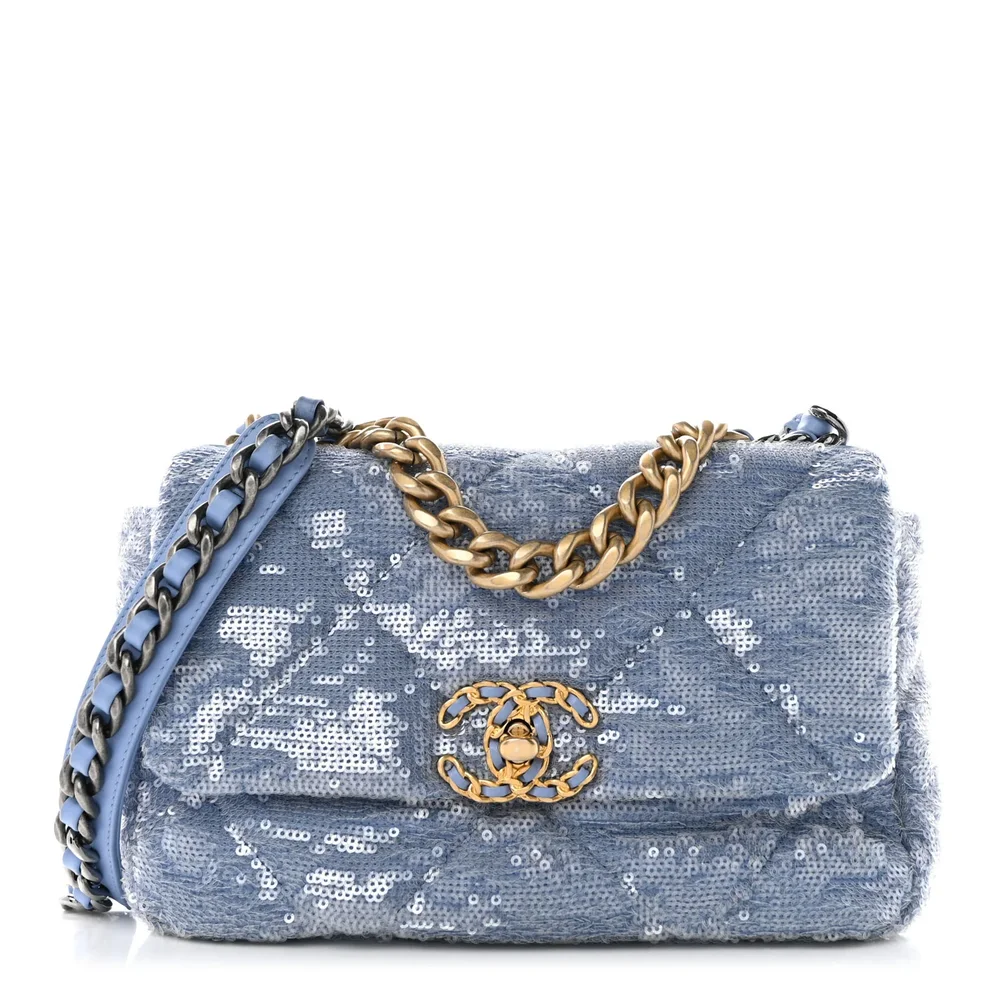 Sequin Quilted Medium Chanel 19 Flap (Light Blue)