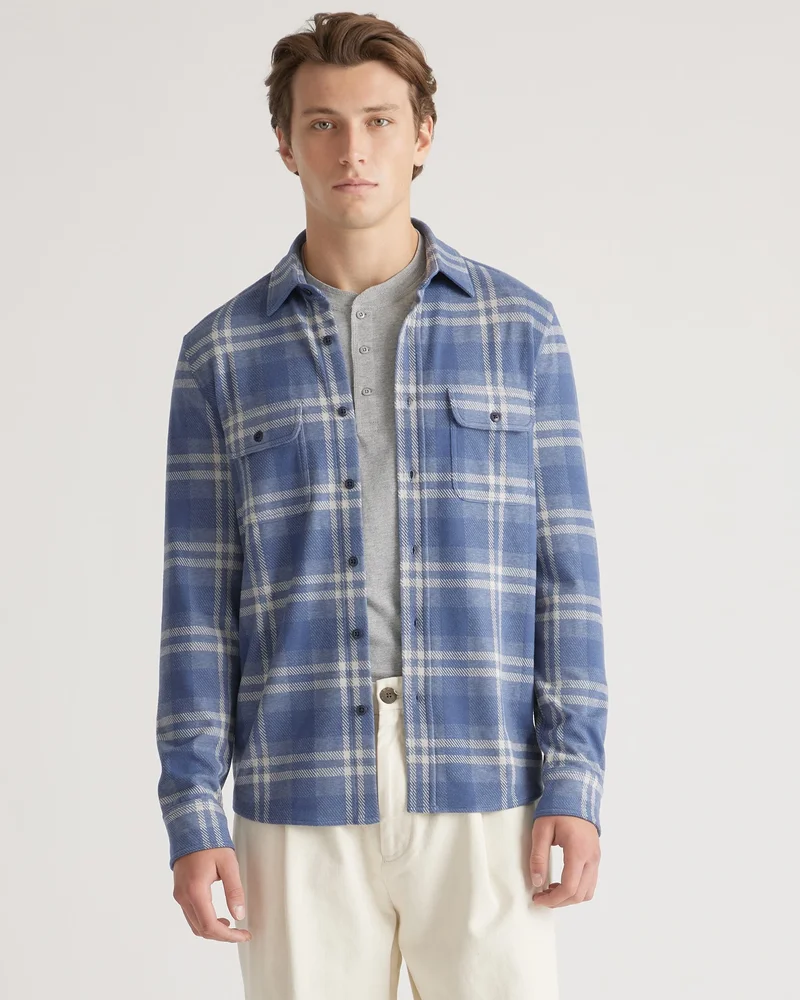 Men's Stretch Sweater Fleece Shirt in Indigo Check