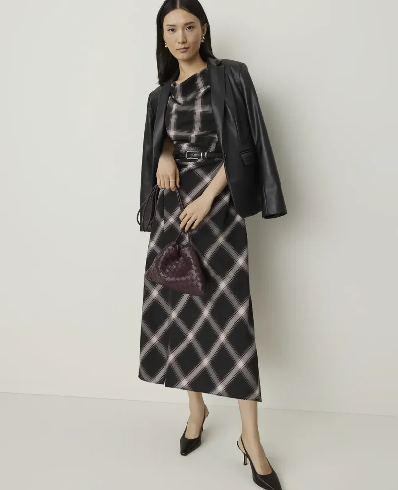 Plaid Cowl Neck Midi Dress