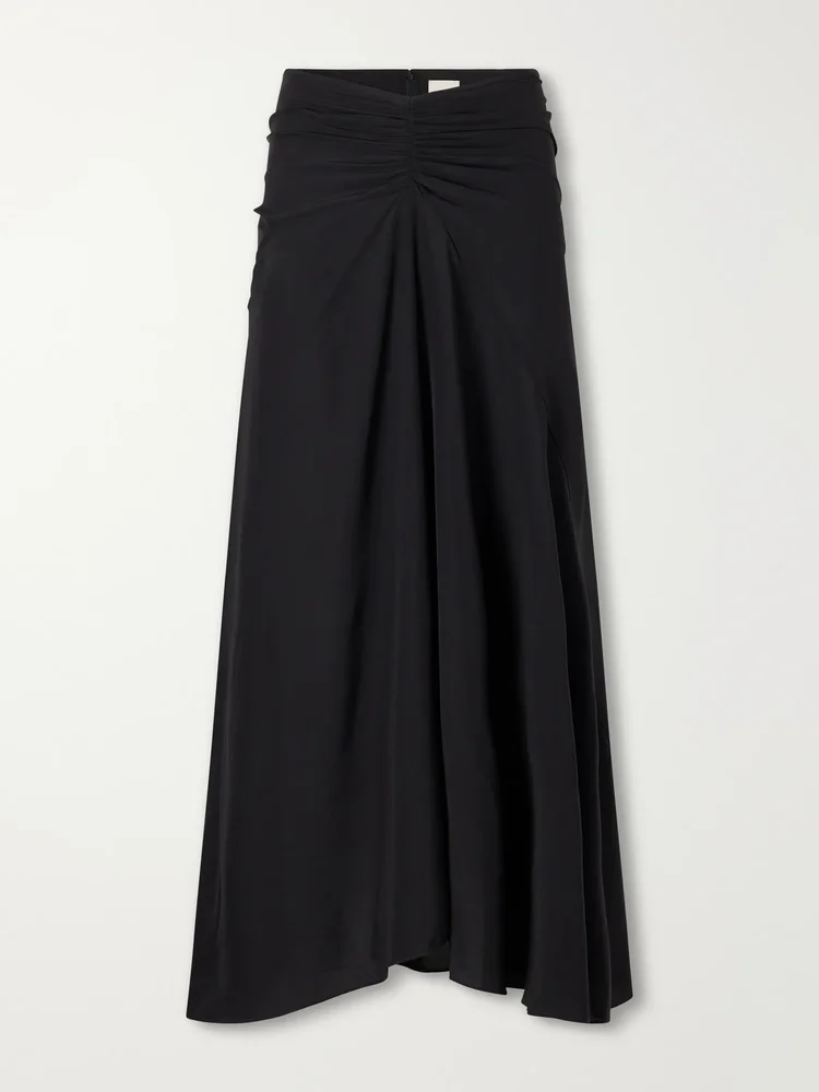 Laren gathered silk-crepe midi skirt