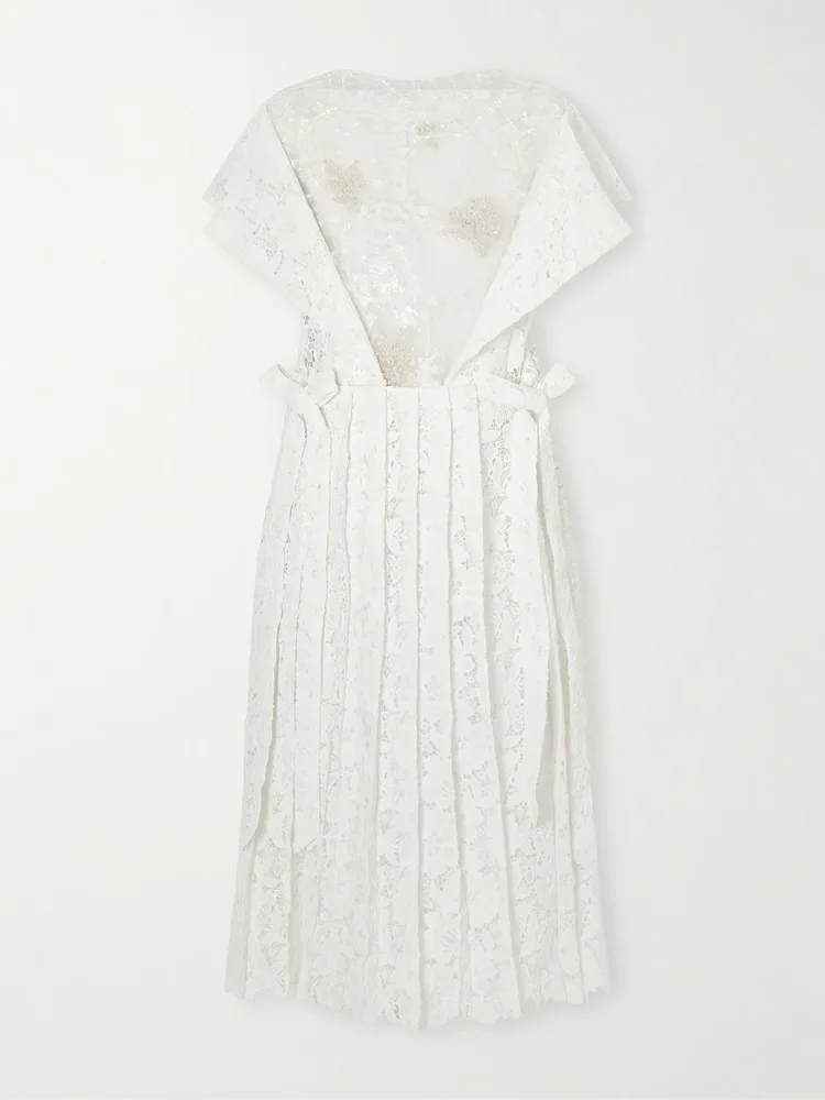 Embellished pleated lace midi dress