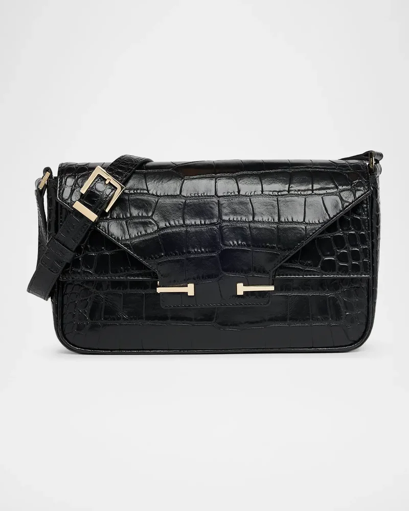 Large T-Clasp Croc-Embossed Leather Shoulder Bag