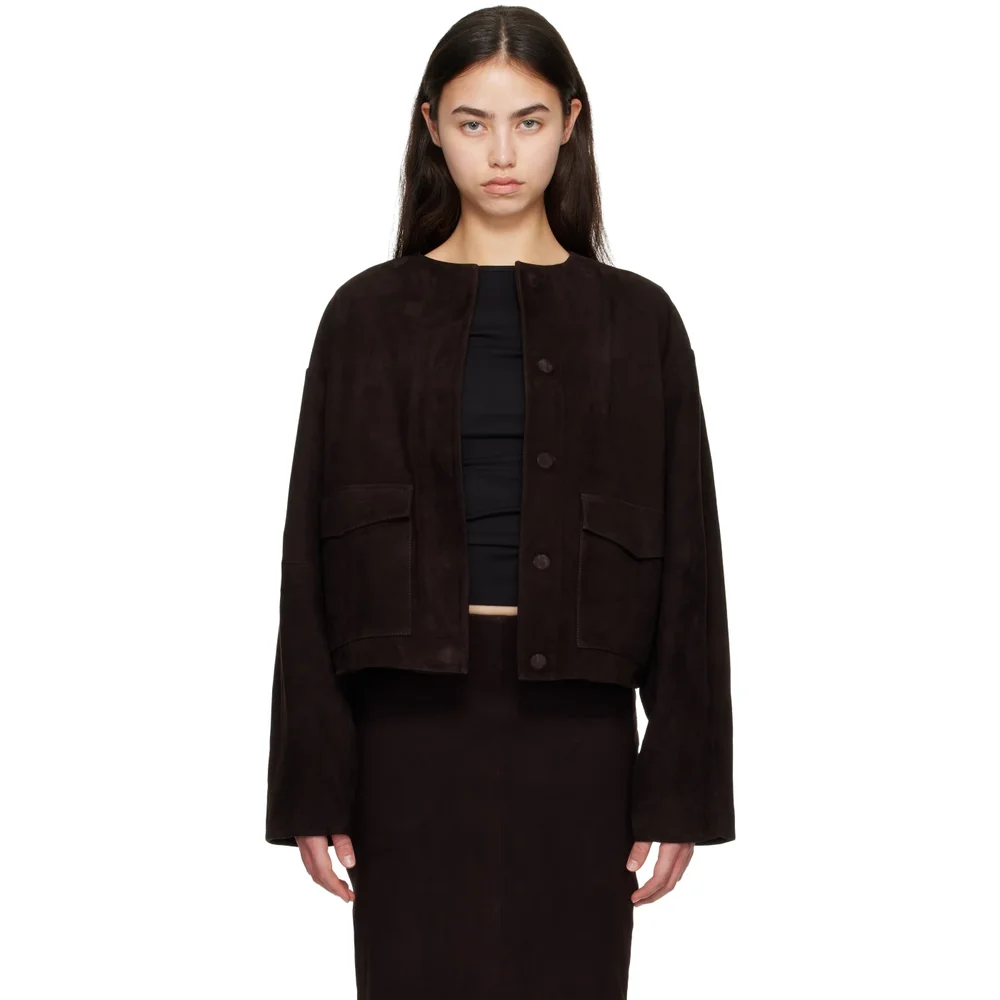 Brown Suede Utility Cocoon Bomber Jacket