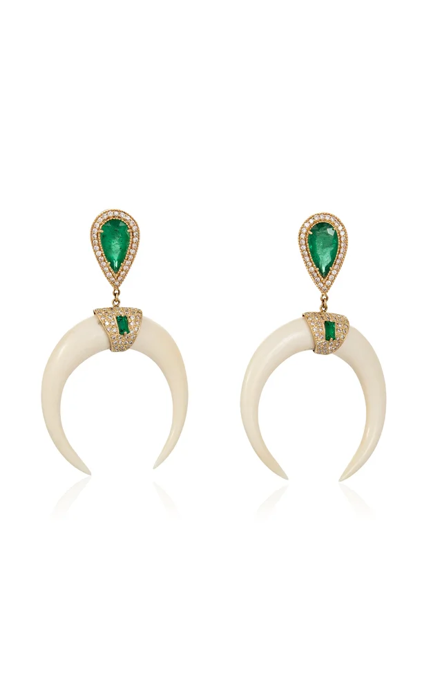 14k Yellow Gold Pave Diamond Emerald Teardrop And Double Bone Horn Baguette Cut Dia Center Earrings - Pair