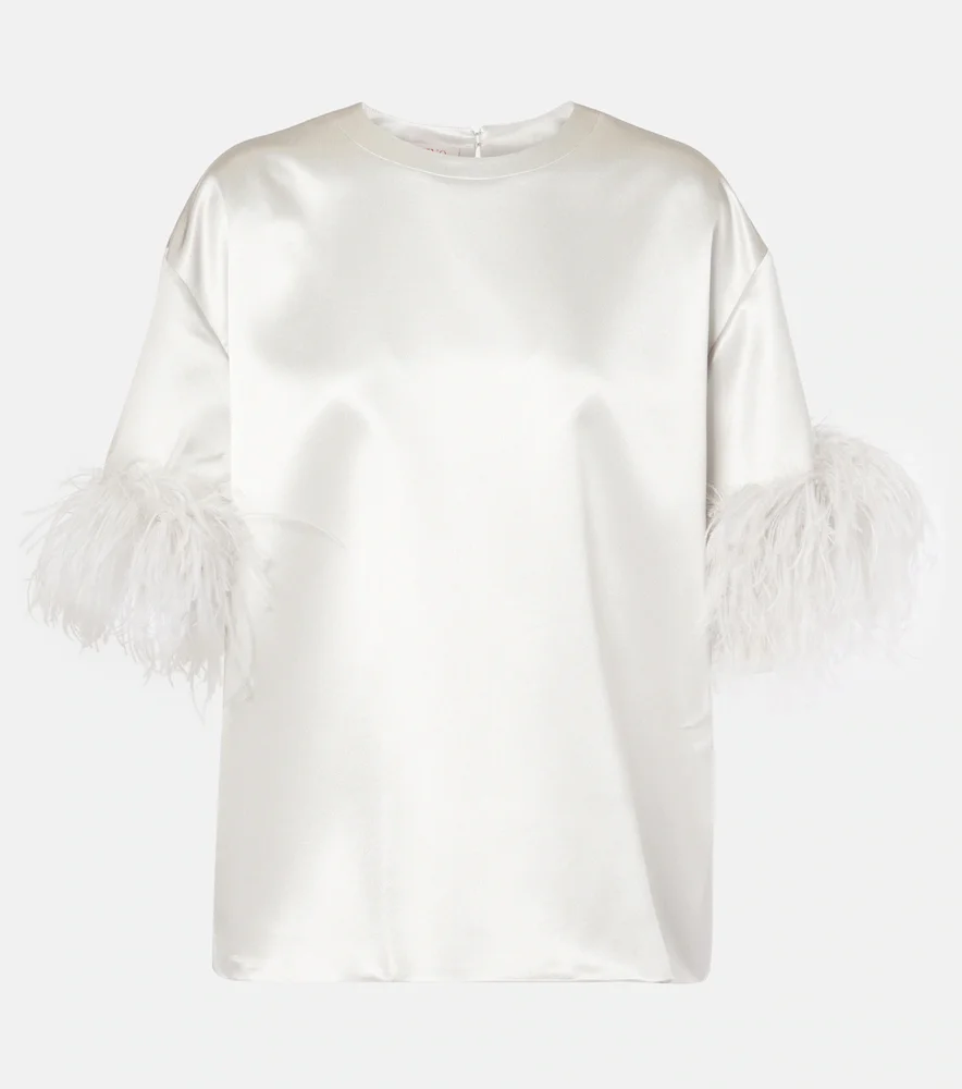 Feather-Trimmed Silk Satin Top